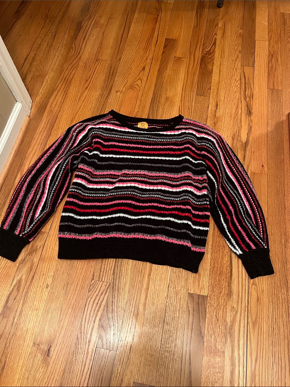Ruby Rd. Black Crewneck Sweater with Pink, Red and White Stripes